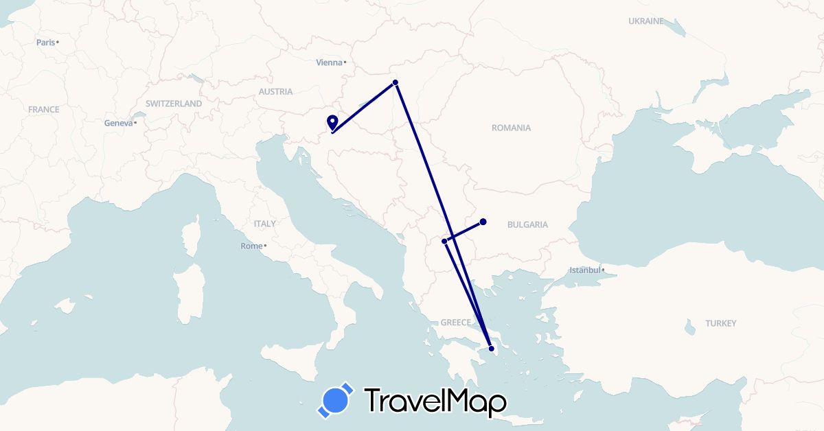TravelMap itinerary: driving in Bulgaria, Greece, Croatia, Hungary, Macedonia (Europe)